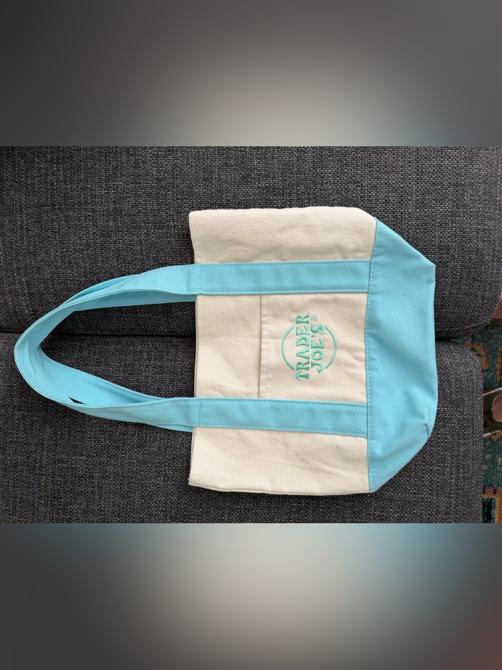 Trader Joe's Cream and Light Blue Canvas Tote